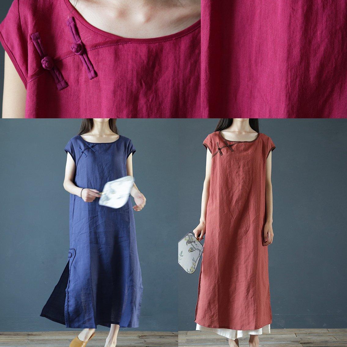 Style side open linen cotton Robes Runway rose Dress summer - Omychic