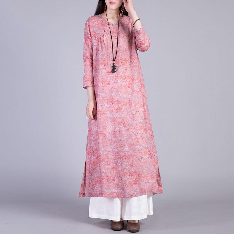 Style side open linen outfit Fabrics pink prints v neck Dress fall - Omychic