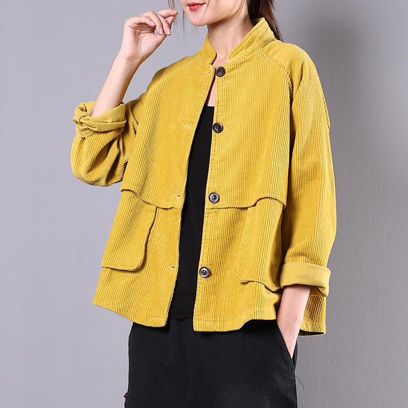 Style stand collar corduroy tunic pattern Photography yellow big pockets top fall - Omychic