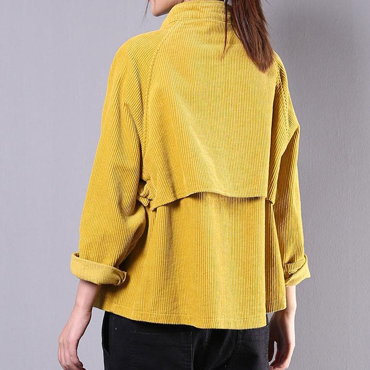 Style stand collar corduroy tunic pattern Photography yellow big pockets top fall - Omychic