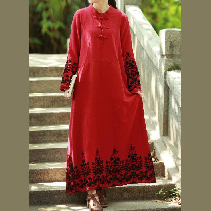 Style stand collar cotton clothes Women Outfits red embroidery Maxi Dresses fall - Omychic