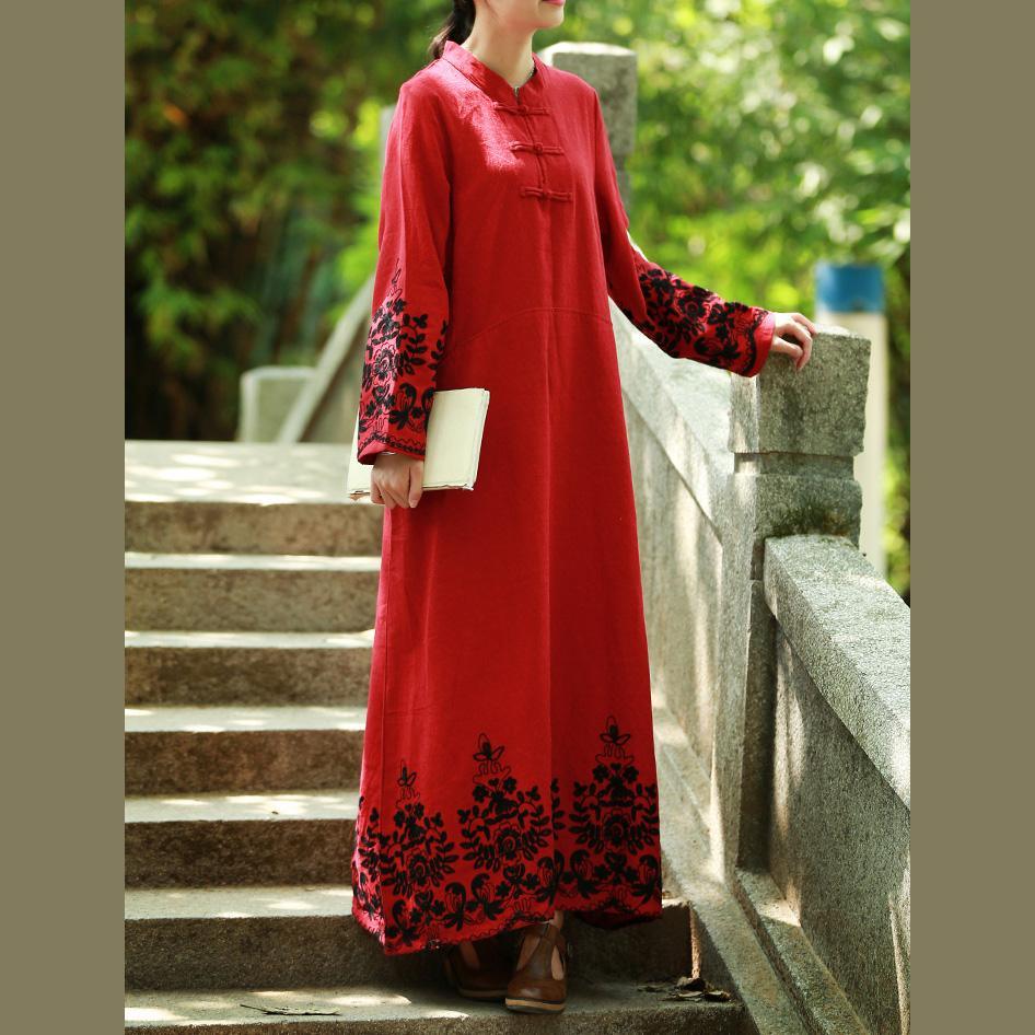 Style stand collar cotton clothes Women Outfits red embroidery Maxi Dresses fall - Omychic