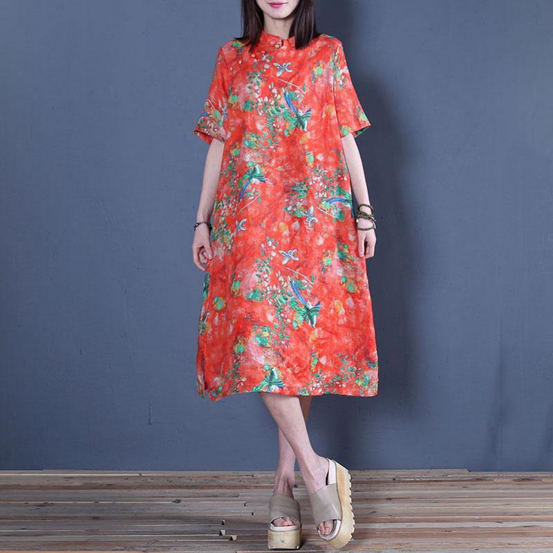 Style stand collar linen clothes For Women Fabrics red print Dresses summer - Omychic