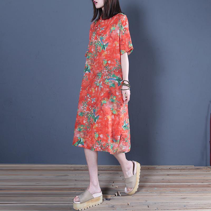 Style stand collar linen clothes For Women Fabrics red print Dresses summer - Omychic
