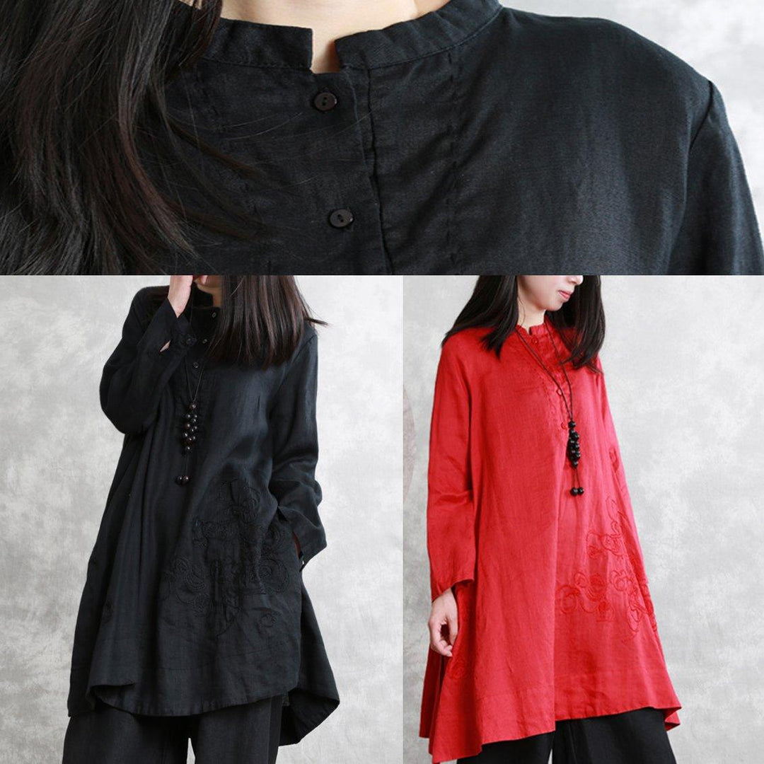 Style stand collar linen top silhouette Plus Size Sewing black baggy top embroidery - Omychic