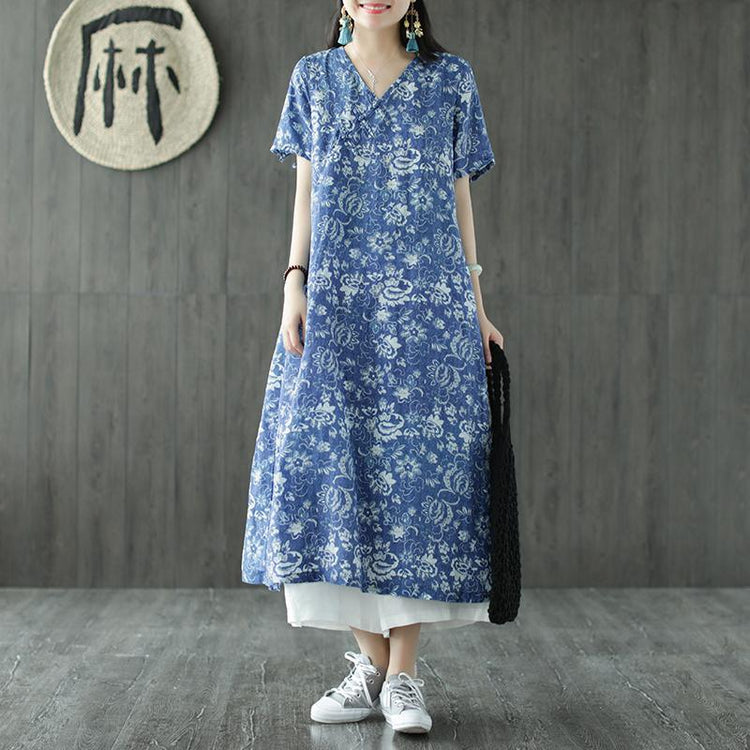 Style v neck Chinese Button linen dresses Cotton blue print Dresses summer - Omychic