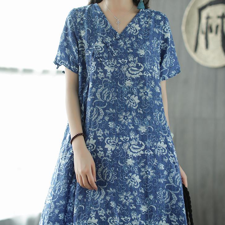 Style v neck Chinese Button linen dresses Cotton blue print Dresses summer - Omychic