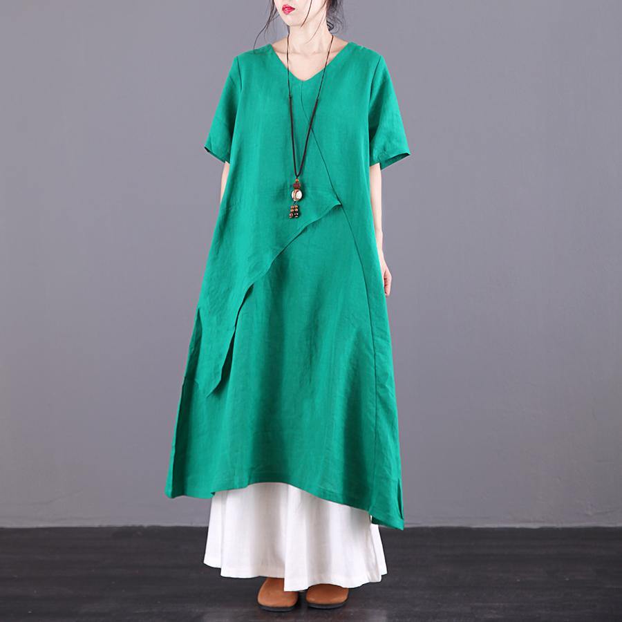 Style v neck asymmetric linen clothes For Women Fabrics green Dress summer - Omychic