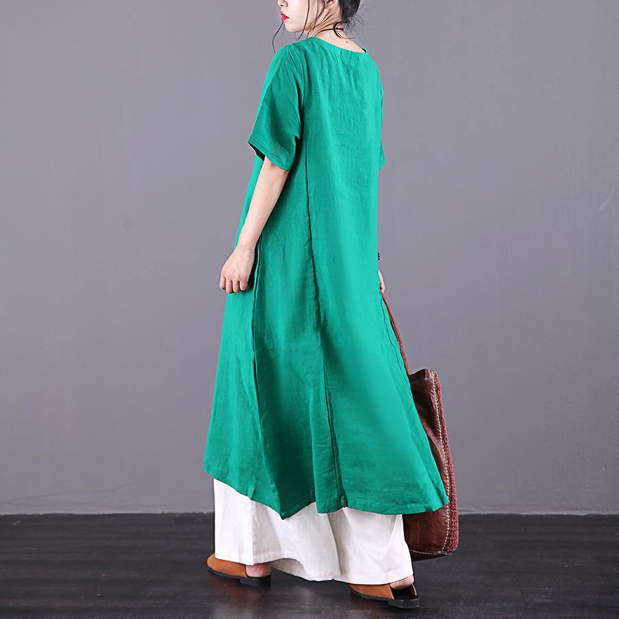 Style v neck asymmetric linen clothes For Women Fabrics green Dress summer - Omychic