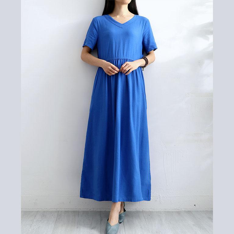 Style v neck cotton linen Soft Surroundings Work Outfits blue short sleeve Dress summer - Omychic