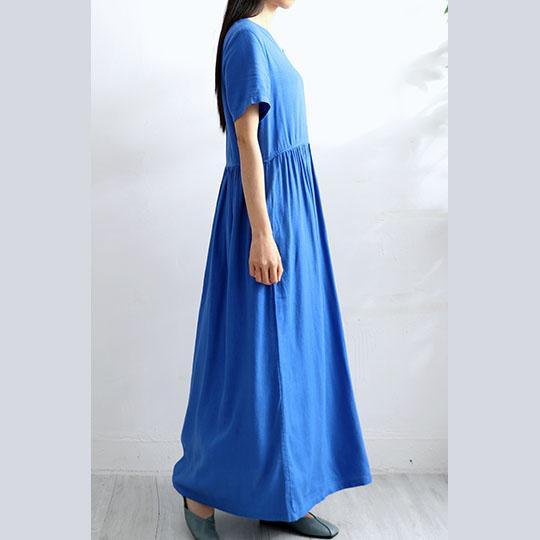 Style v neck cotton linen Soft Surroundings Work Outfits blue short sleeve Dress summer - Omychic