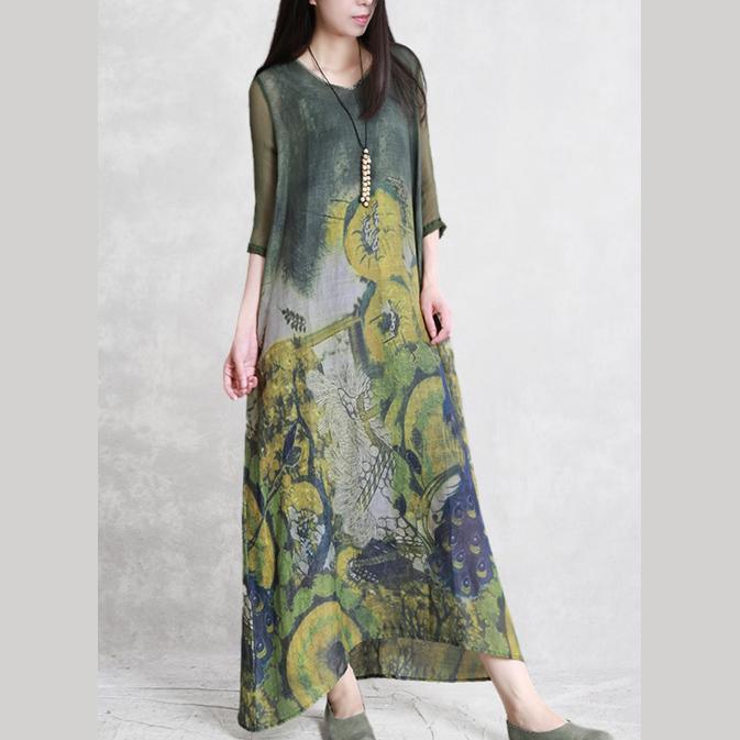Style v neck drawstring linen clothes For Women Runway green print Dress summer - Omychic
