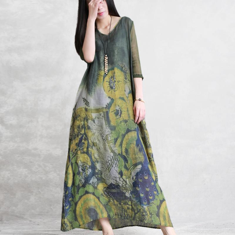 Style v neck drawstring linen clothes For Women Runway green print Dress summer - Omychic