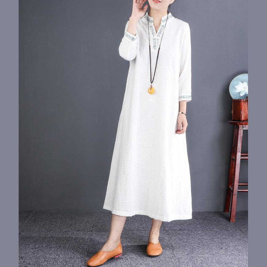 Style v neck embroidery linen outfit Korea Cotton white Robe Dresses - Omychic