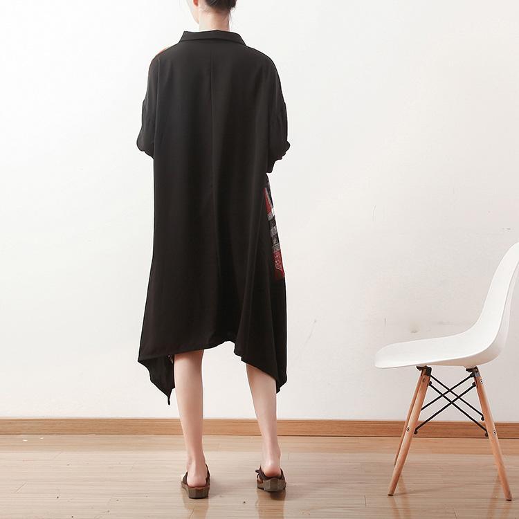 Style v neck patchwork cotton clothes Women Fashion Sleeve black Plaid A Line Dress - Omychic