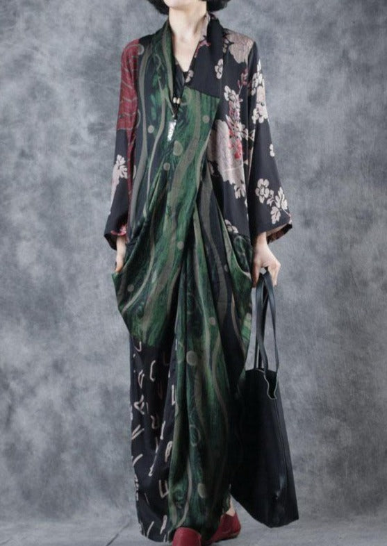 Style V Neck Pockets Asymmetric Robes Photography Green Print Dress Fall ( Limited Stock) - Omychic