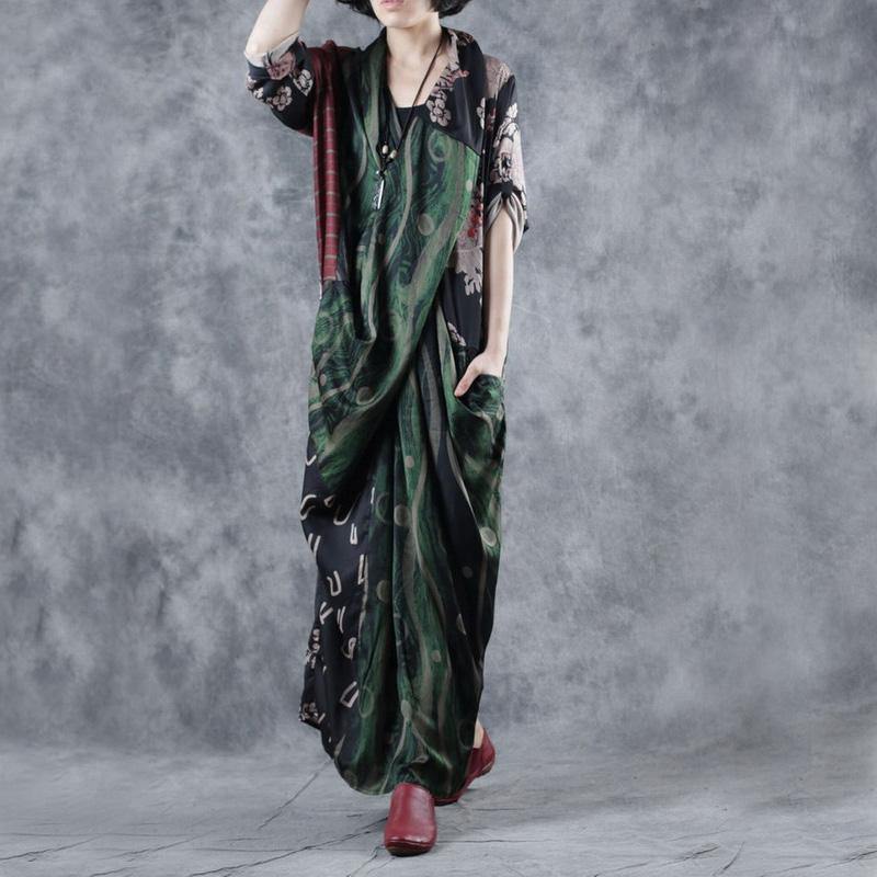 Style V Neck Pockets Asymmetric Robes Photography Green Print Dress Fall ( Limited Stock) - Omychic
