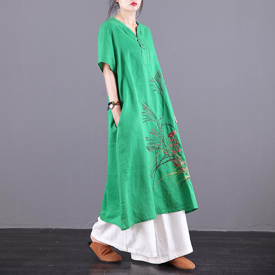 Style v neck pockets linen clothes For Women Sleeve green embroidery Dresses summer - Omychic