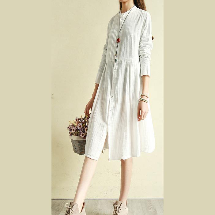 Style white linen cotton Shirts stylish Sleeve stand collar wrinkled Knee Dresses - Omychic