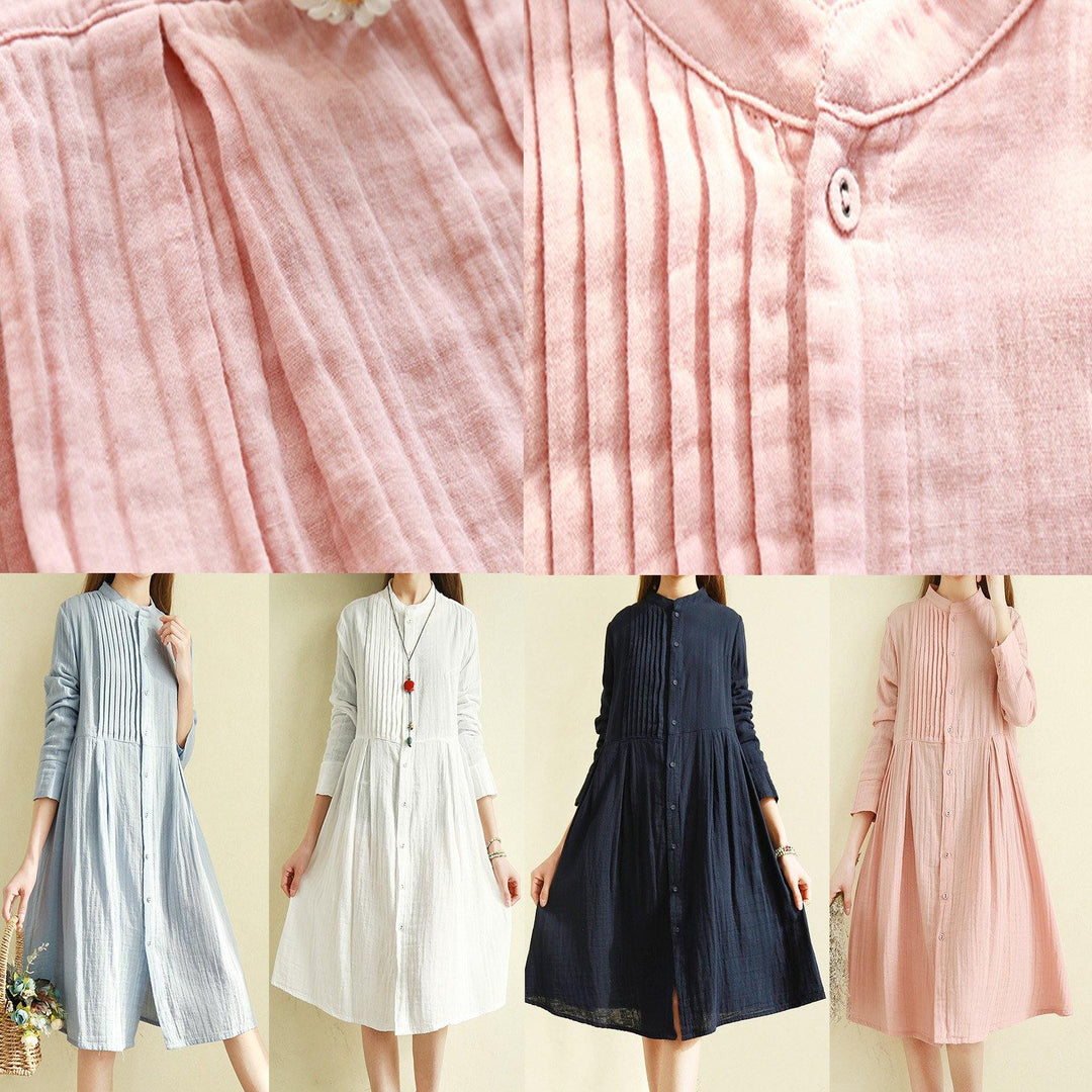 Style white linen cotton Shirts stylish Sleeve stand collar wrinkled Knee Dresses - Omychic