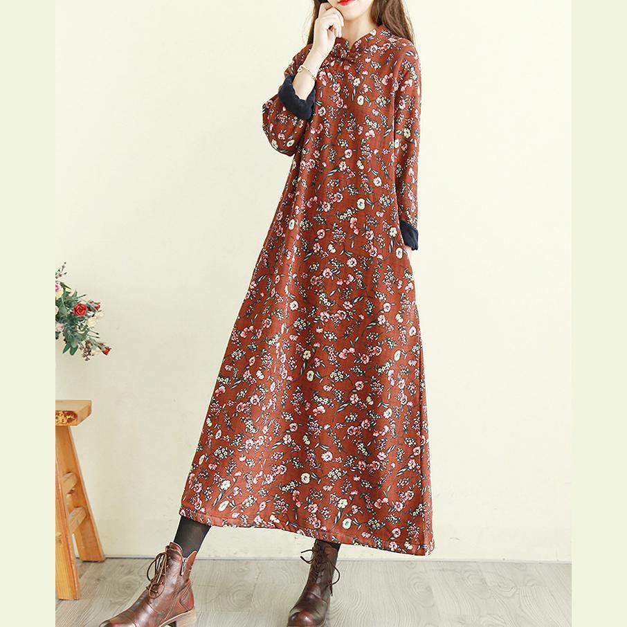 Style winter cotton stand collar clothes Sewing brown floral cotton robes Dress - Omychic