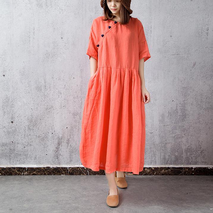 Style wrinkled waist linen dress Neckline orange red Dress summer - Omychic
