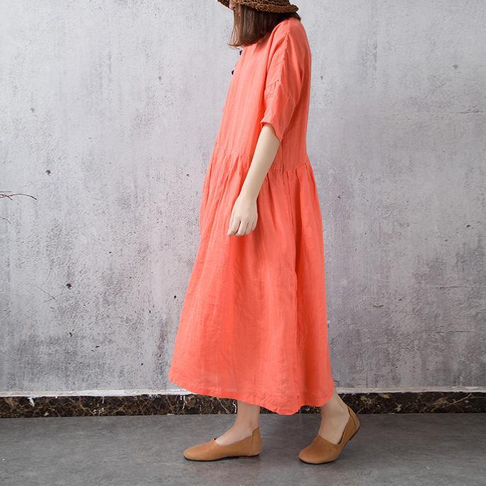 Style wrinkled waist linen dress Neckline orange red Dress summer - Omychic