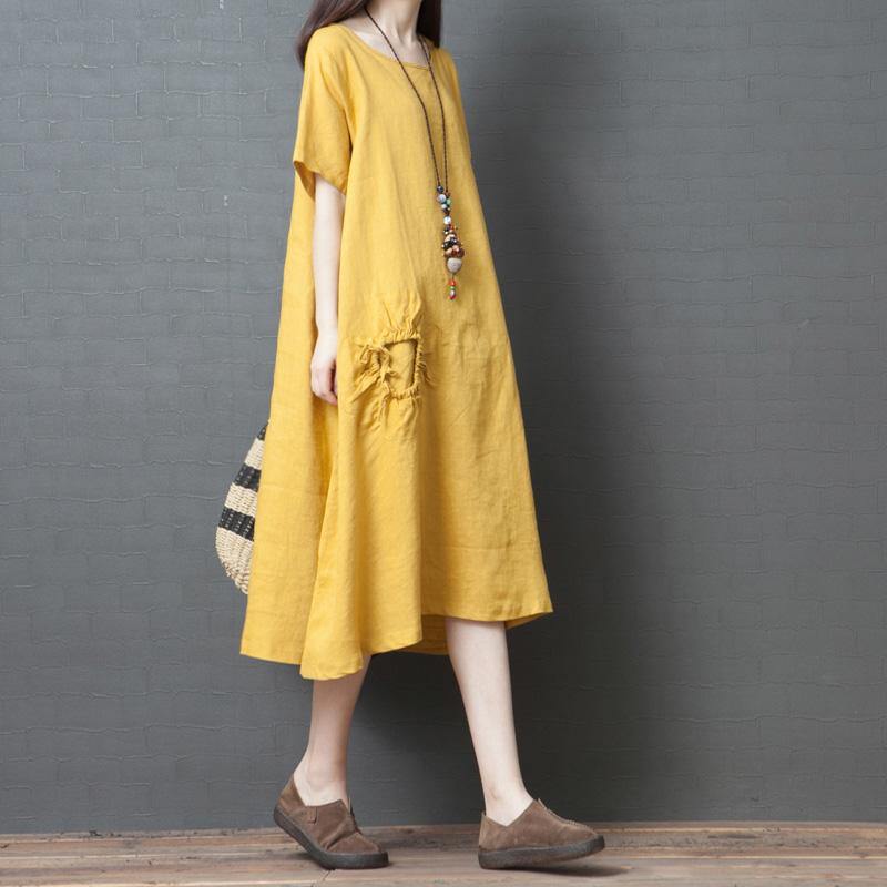 Style yellow linen clothes o neck drawstring Plus Size summer Dress - Omychic