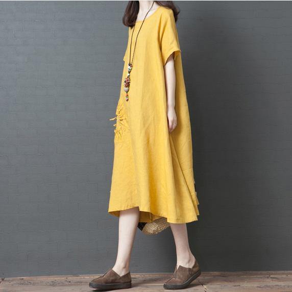 Style yellow linen clothes o neck drawstring Plus Size summer Dress - Omychic