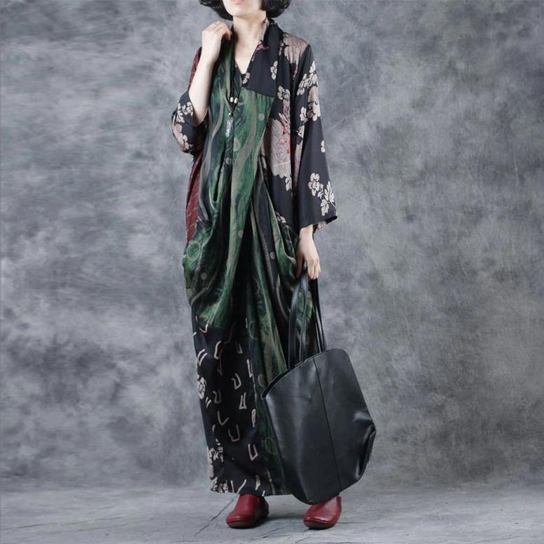 Style V Neck Pockets Asymmetric Robes Photography Green Print Dress Fall ( Limited Stock) - Omychic