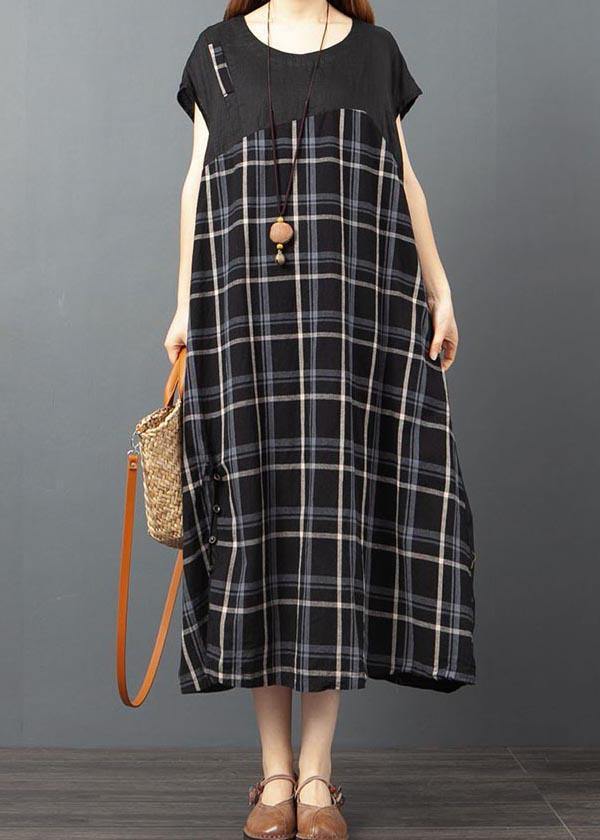 Stylish  Black Plaid Patchwork Button Long Dresses Summer - Omychic