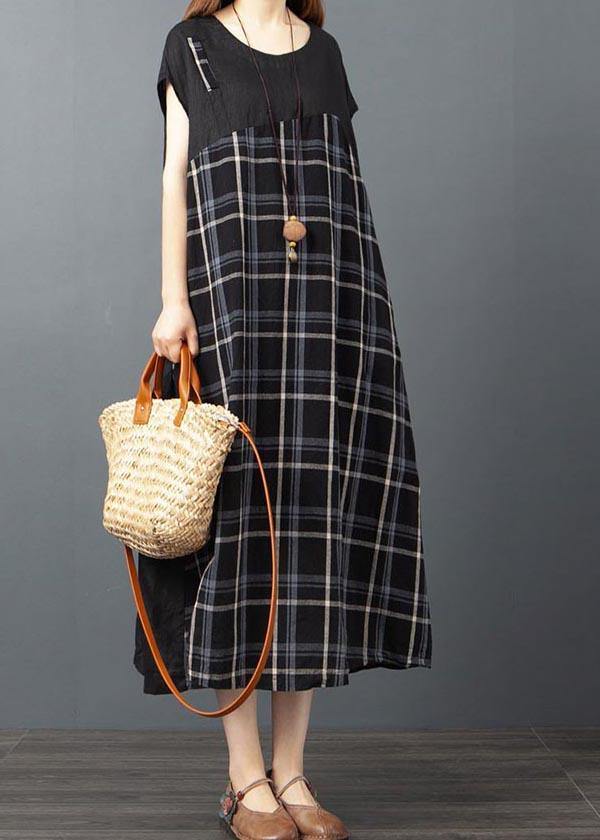 Stylish  Black Plaid Patchwork Button Long Dresses Summer - Omychic