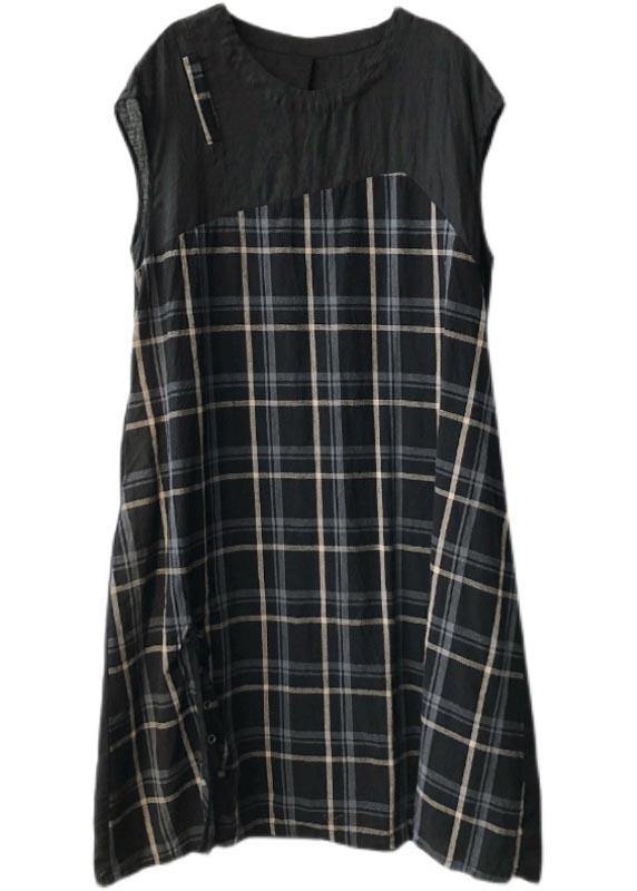 Stylish  Black Plaid Patchwork Button Long Dresses Summer - Omychic