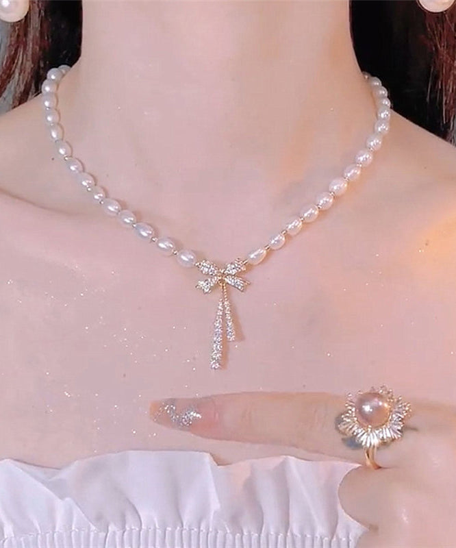 Stylish Alloy Pearl Zircon Bow Gratuated Bead Necklace