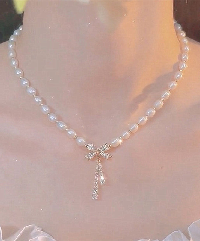 Stylish Alloy Pearl Zircon Bow Gratuated Bead Necklace
