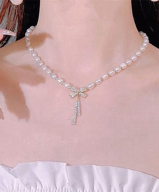 Stylish Alloy Pearl Zircon Bow Gratuated Bead Necklace