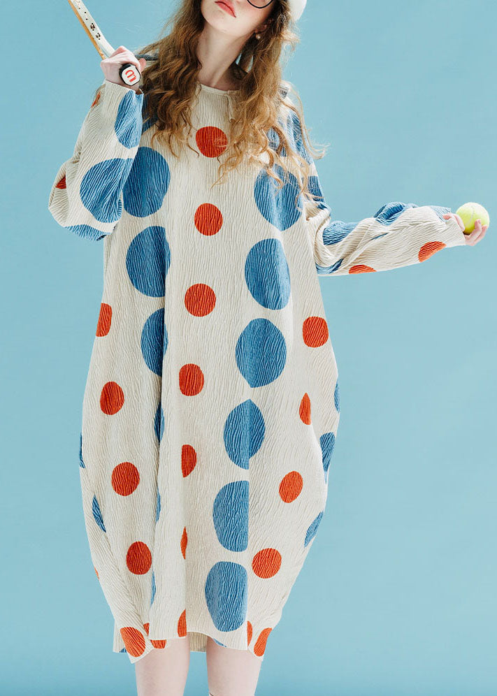 Stylish Apricot Dot Print Silk Velour Maxi Dress Fall