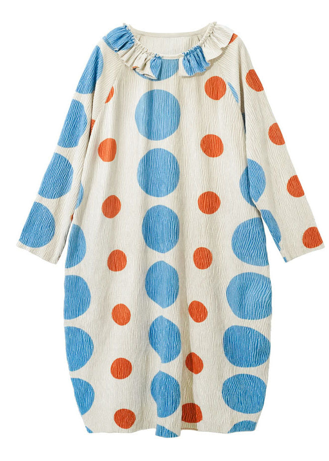 Stylish Apricot Dot Print Silk Velour Maxi Dress Fall