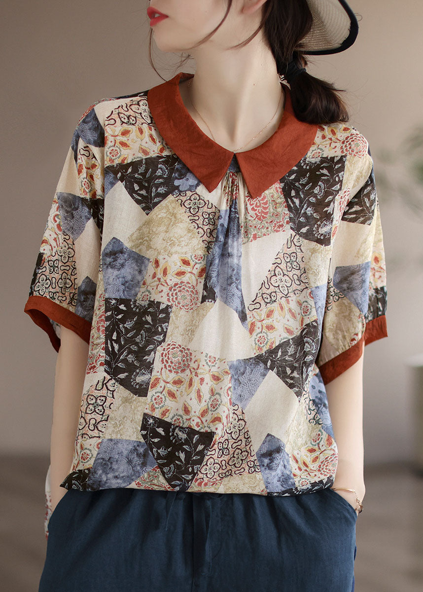 Stylish Apricot Peter Pan Collar Print Patchwork Cotton T Shirt Summer