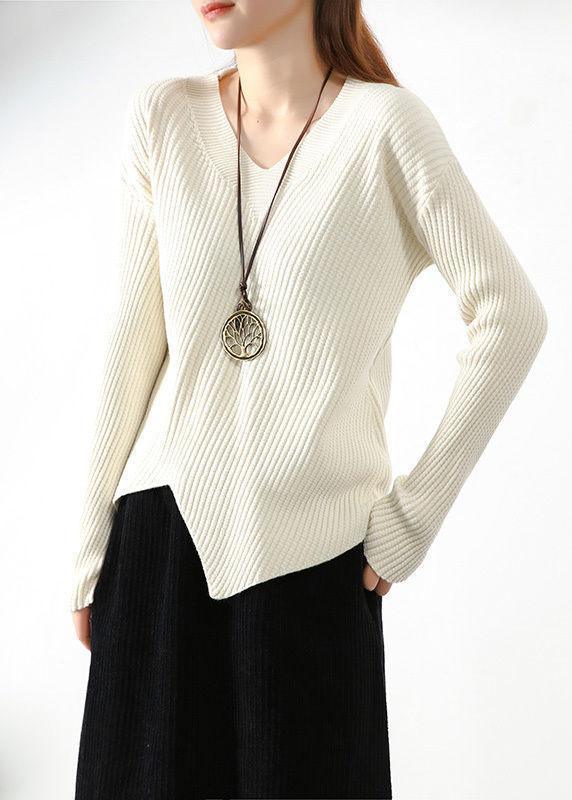 Stylish Apricot V Neck asymmetrical design Fall Knit sweaters - Omychic