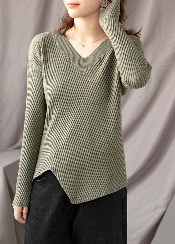 Stylish Apricot V Neck asymmetrical design Fall Knit sweaters - Omychic