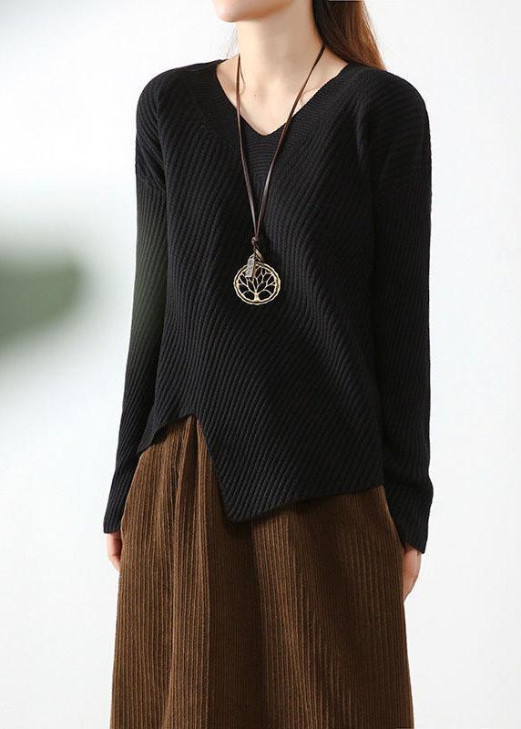 Stylish Apricot V Neck asymmetrical design Fall Knit sweaters - Omychic