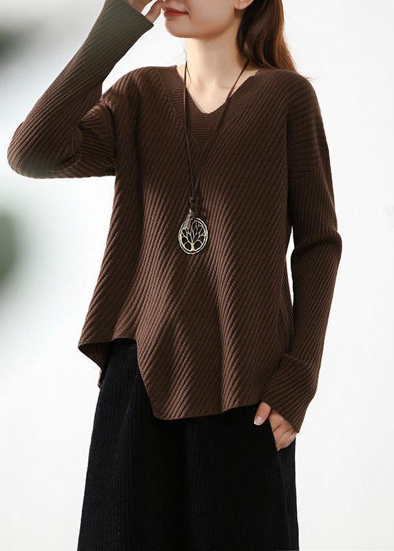 Stylish Apricot V Neck asymmetrical design Fall Knit sweaters - Omychic