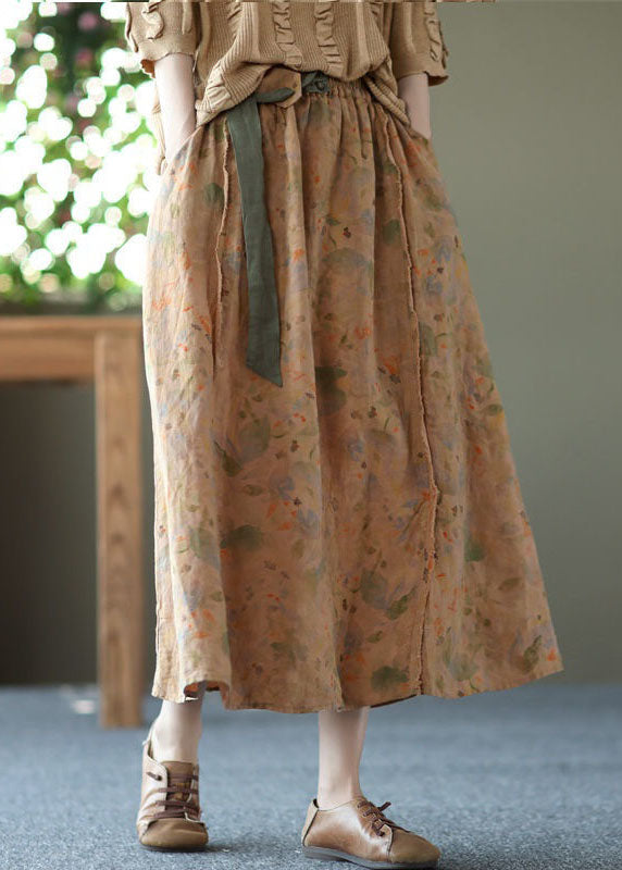 Stylish Apricot Wrinkled PocketsPrint Linen Skirts Summer