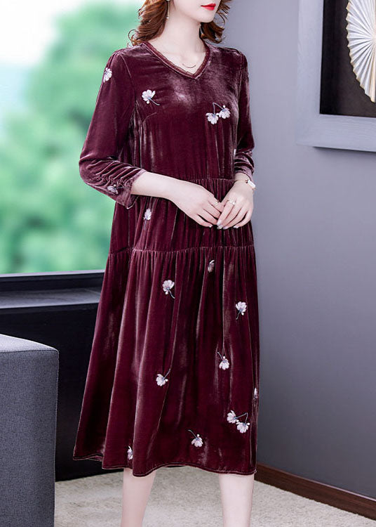 Stylish Bean paste red V Neck Embroideried Velour Dresses Spring (Limited Stock)