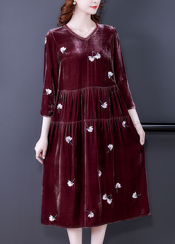 Stylish Bean paste red V Neck Embroideried Velour Dresses Spring (Limited Stock)