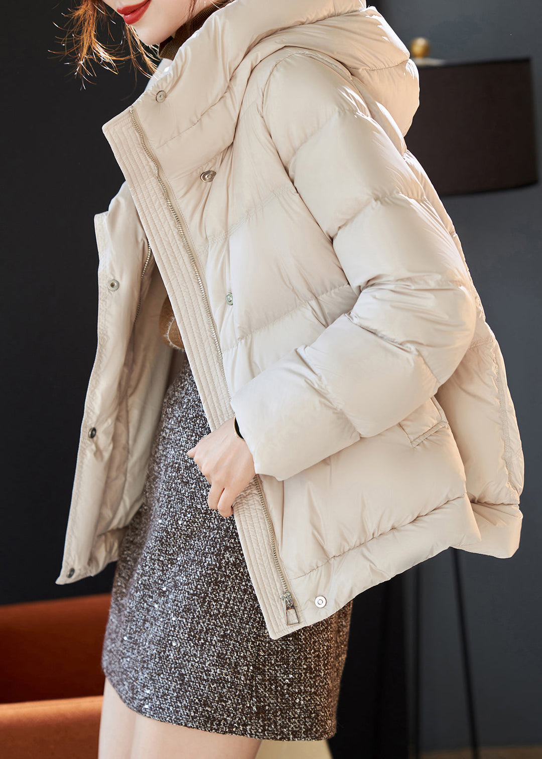 Stylish Beige Hooded Duck Down Puffer Coat Winter