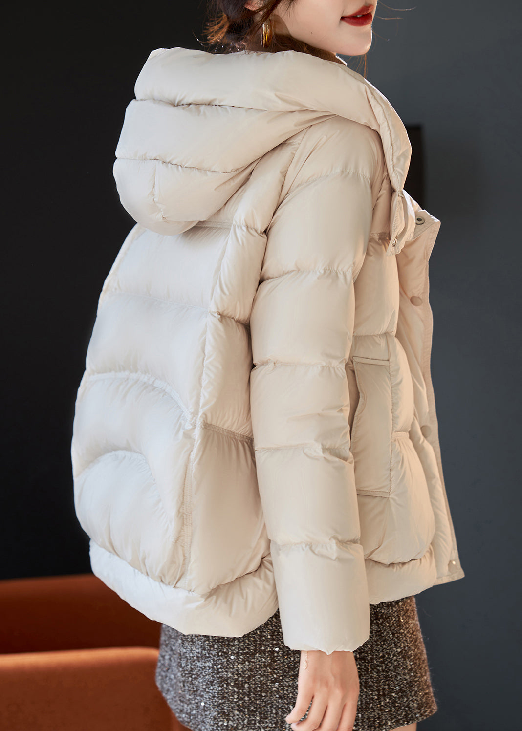 Stylish Beige Hooded Duck Down Puffer Coat Winter