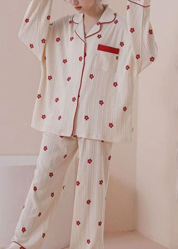Stylish Beige Patchwork Floral Cotton Pajamas Women Sets Spring