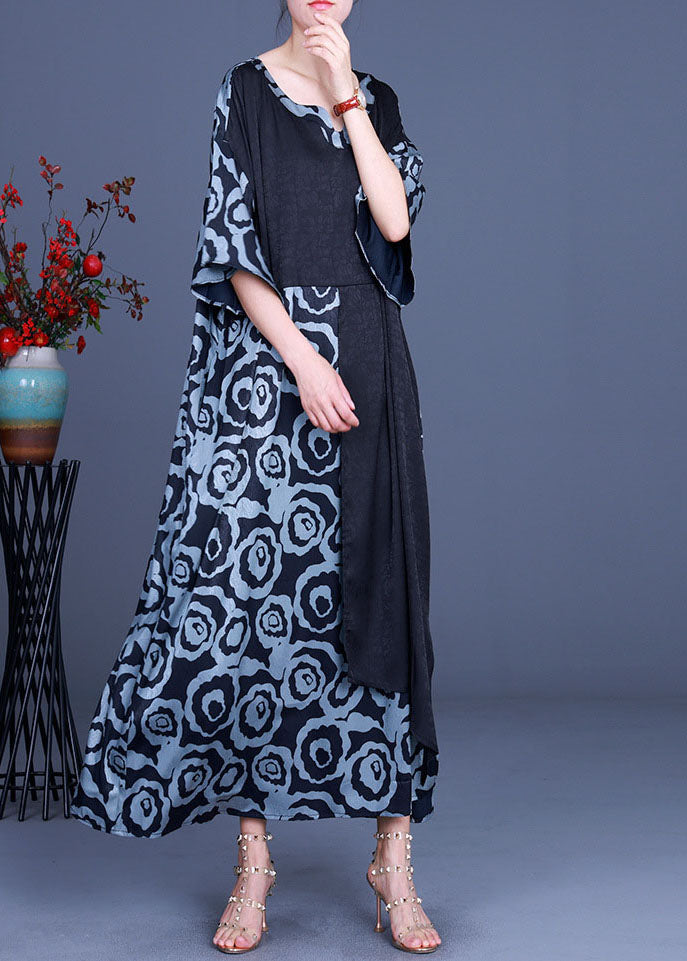 Stylish Black Asymmetrical Patchwork Print Holiday Dress Spring
